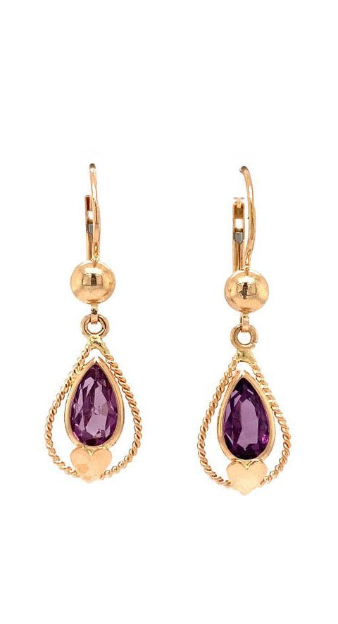 Vintage 18K Rose Gold Drop Earrings with Colored Stone